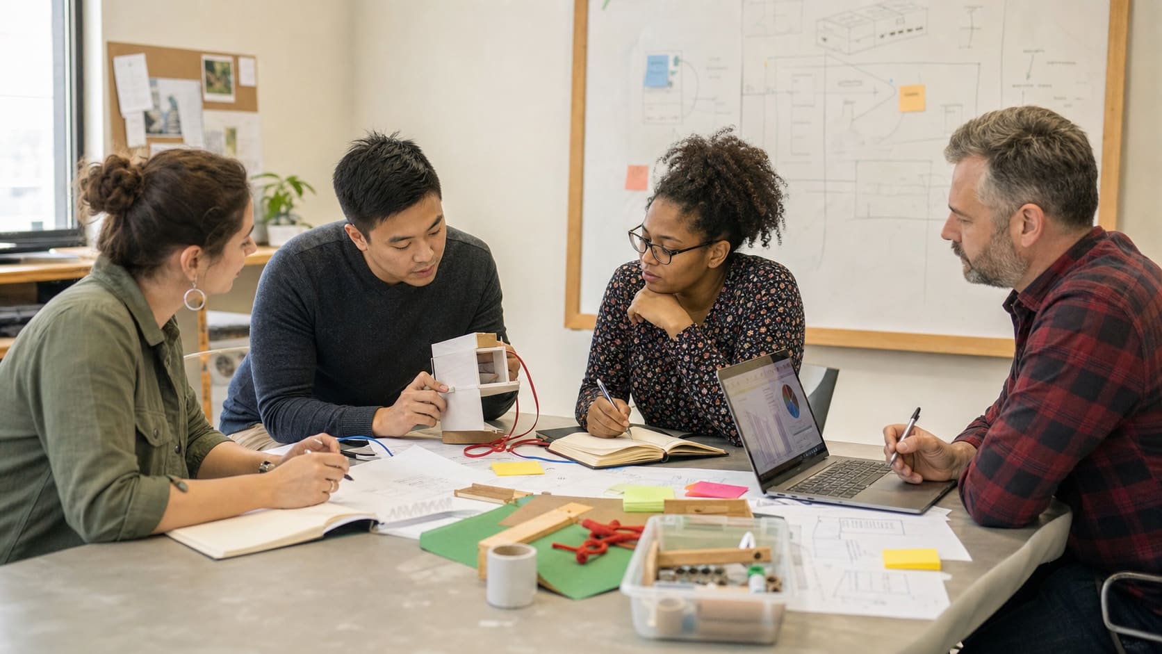 Concept scene, not a record of an actual Foundation program: researchers, technical contributors, and community members reviewing plans and evidence together