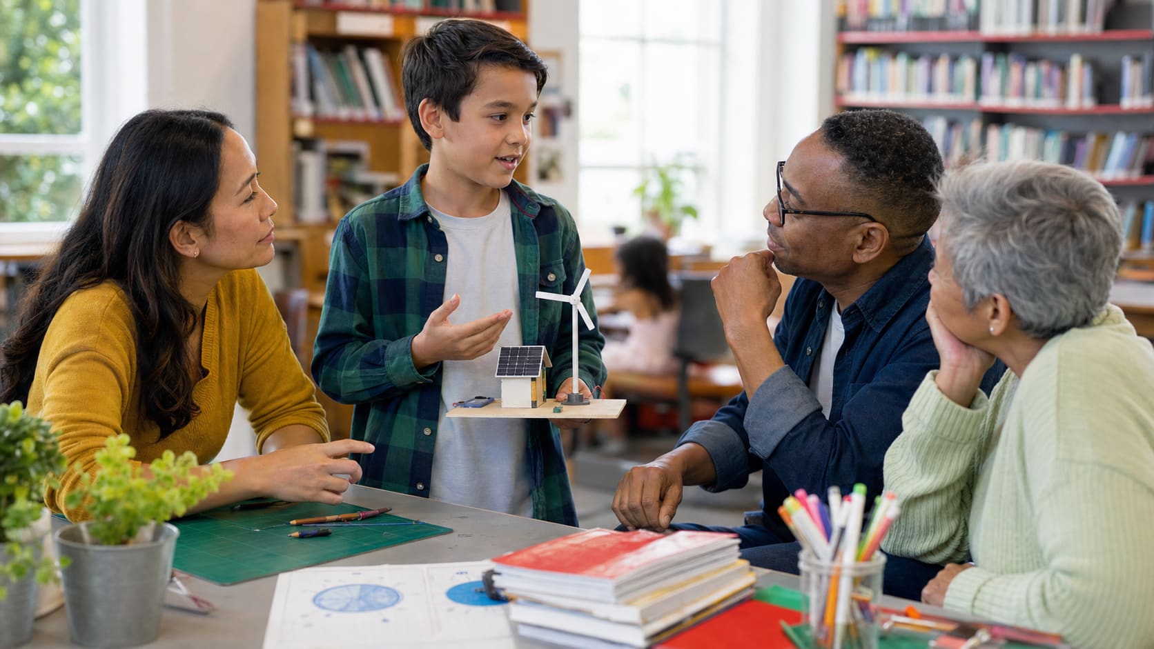 Concept scene, not a record of an actual Foundation program: young people and mentors learning and discussing real-world problems together